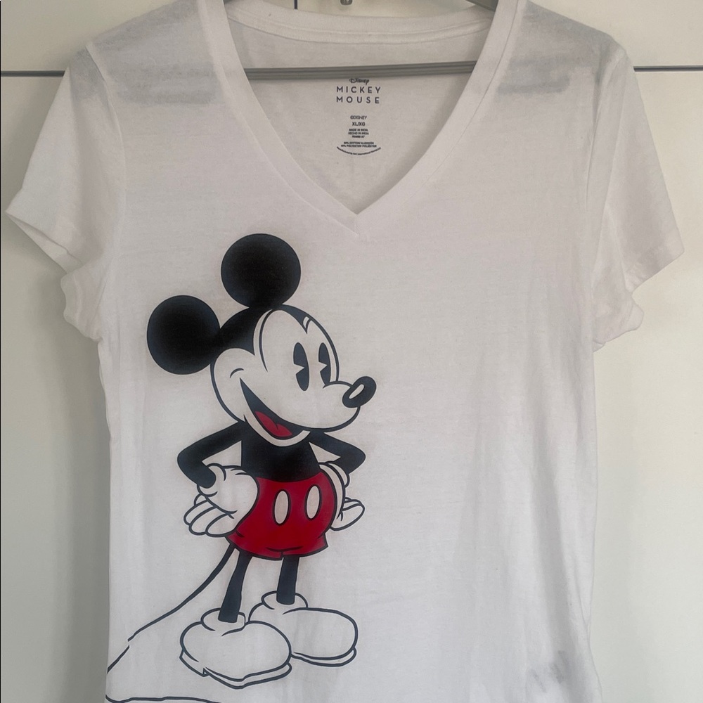 Official Disney Mickey Mouse White V Neck Graphic T Shirt L XL Stretch PTP 20
